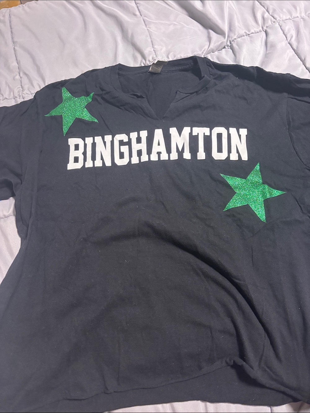 Gildan Black T‑Shirt with White BINGHAMTON and Green Glitter Stars